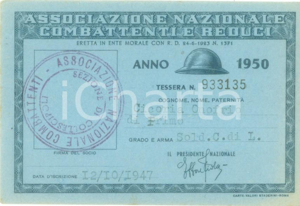 Oggetto da collezione cartaceo 1950 COLLESCIPOLI Associazione nazionale Combattenti Tessera Onofrio CICORIA 1