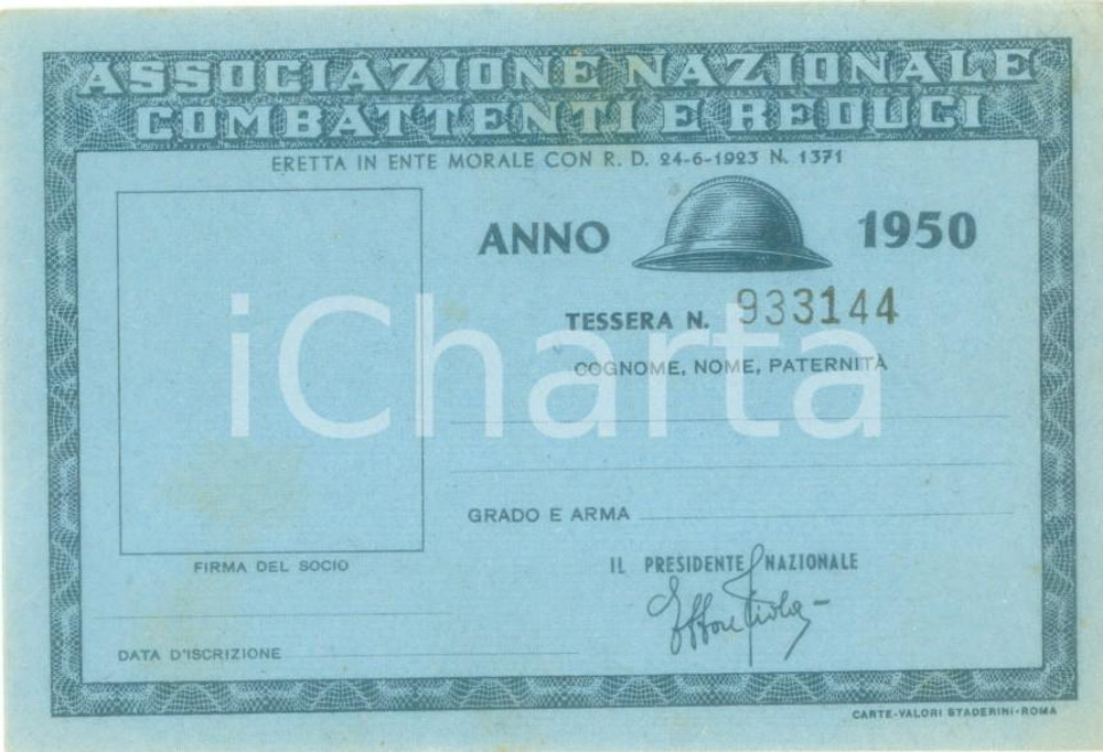 Oggetto da collezione cartaceo 1950 TERNI Associazione nazionale Combattenti Tessera non compilata 1