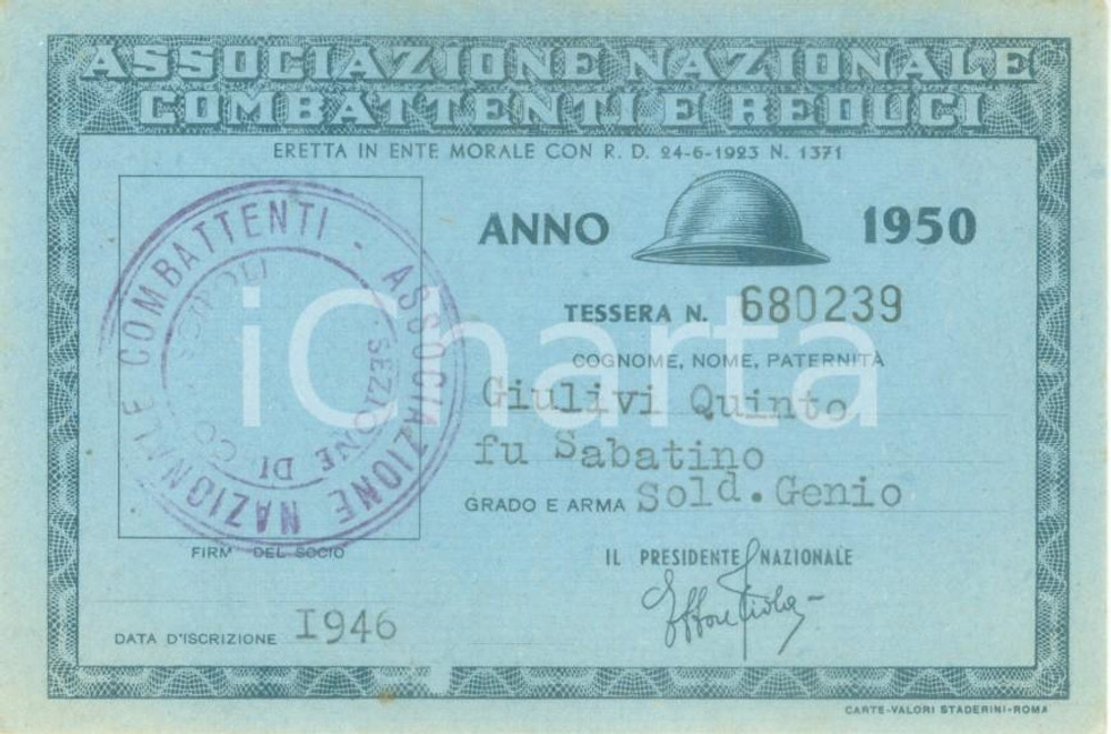 Oggetto da collezione cartaceo 1950 COLLESCIPOLI Associazione nazionale Combattenti Tessera Quinto GIULIVI 1
