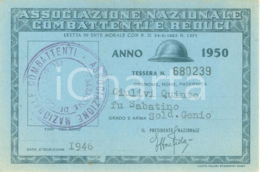 Oggetto da collezione cartaceo 1950 COLLESCIPOLI Associazione nazionale Combattenti Tessera Quinto GIULIVI 1