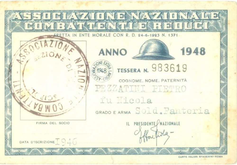 Oggetto da collezione cartaceo 1948 COLLESCIPOLI Associazione nazionale Combattenti Tessera Pietro PEZZATINI 1