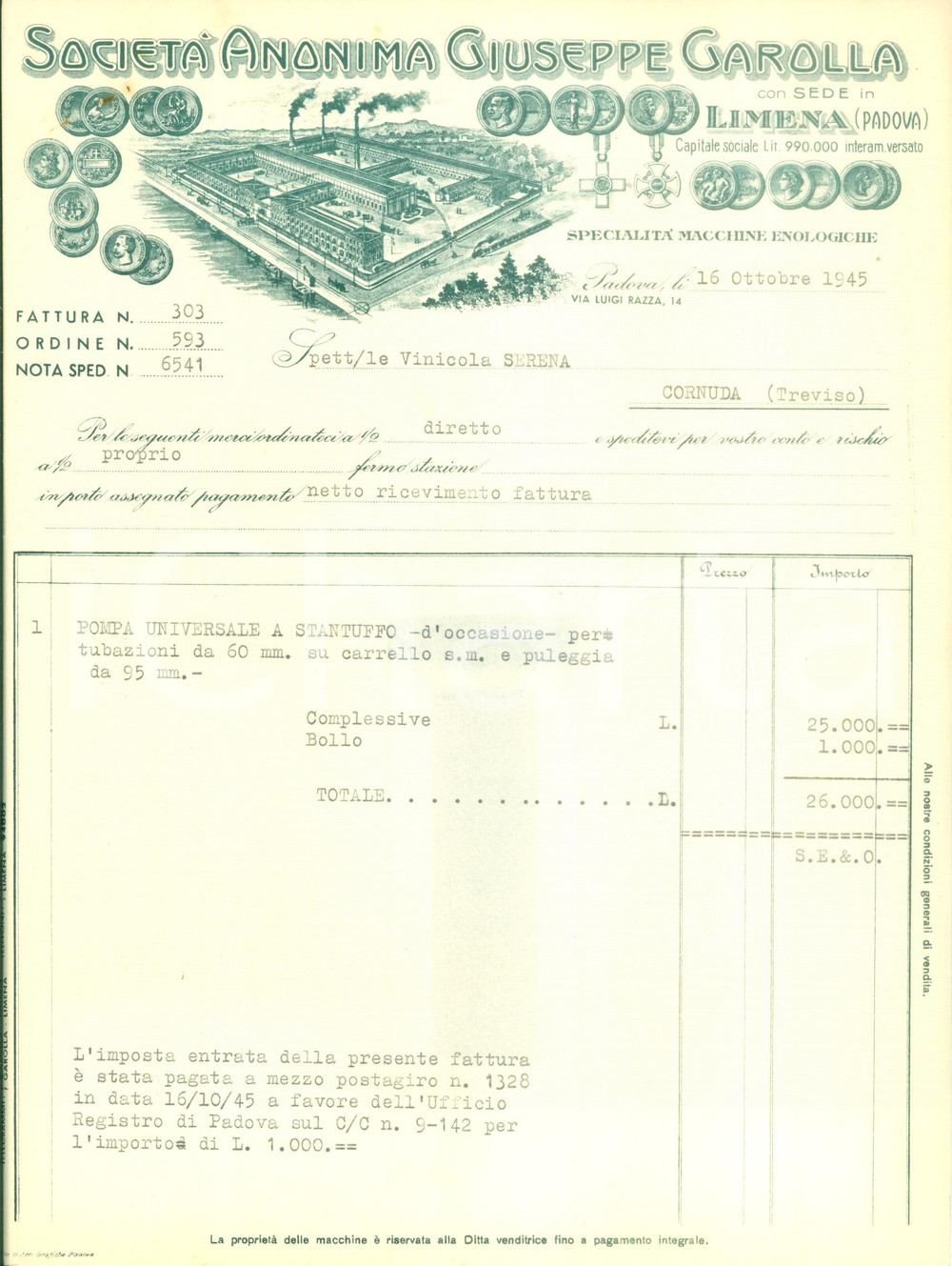 Documento originale, autentico 1945 LIMENA Società Giuseppe GAROLLA Macchine enologiche Fattura 1 1