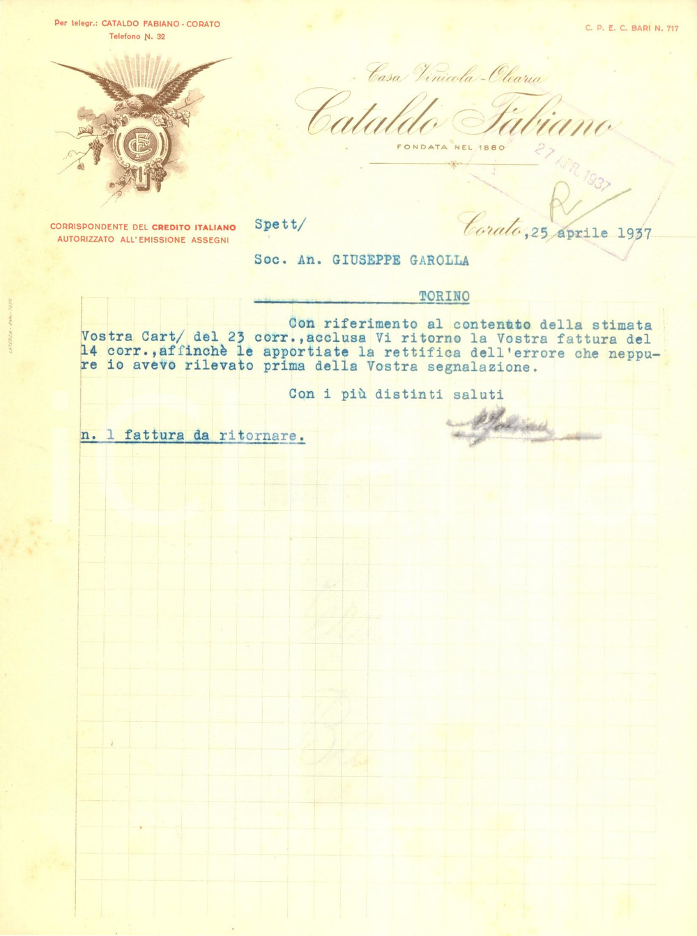 Documento originale, autentico 1937 CORATO BA Casa Vinicola Olearia cataldo FABIANO Lettera commerciale 1