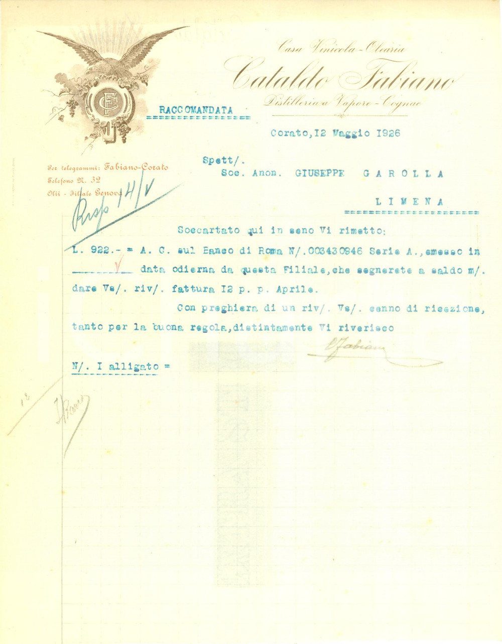 Documento originale, autentico 1926 CORATO BA Casa Vinicola Olearia cataldo FABIANO Lettera commerciale 1