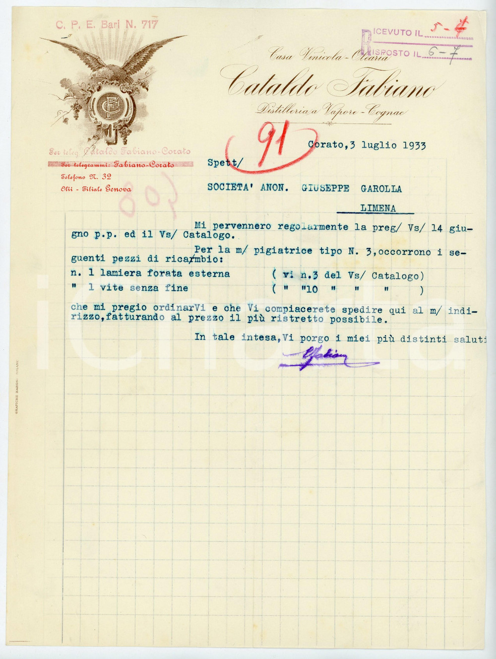 Documento originale, autentico 1933 CORATO BA Casa Vinicola Olearia cataldo FABIANO Lettera commerciale 1