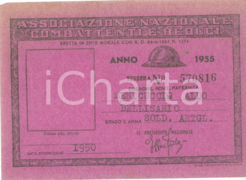 Oggetto da collezione cartaceo 1955 COLLESCIPOLI Associazione Nazionale Combattenti Tessera Aldo MENICUCCI 1