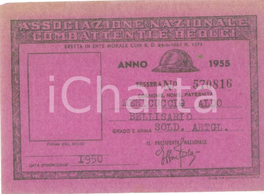 Oggetto da collezione cartaceo 1955 COLLESCIPOLI Associazione Nazionale Combattenti Tessera Aldo MENICUCCI 1