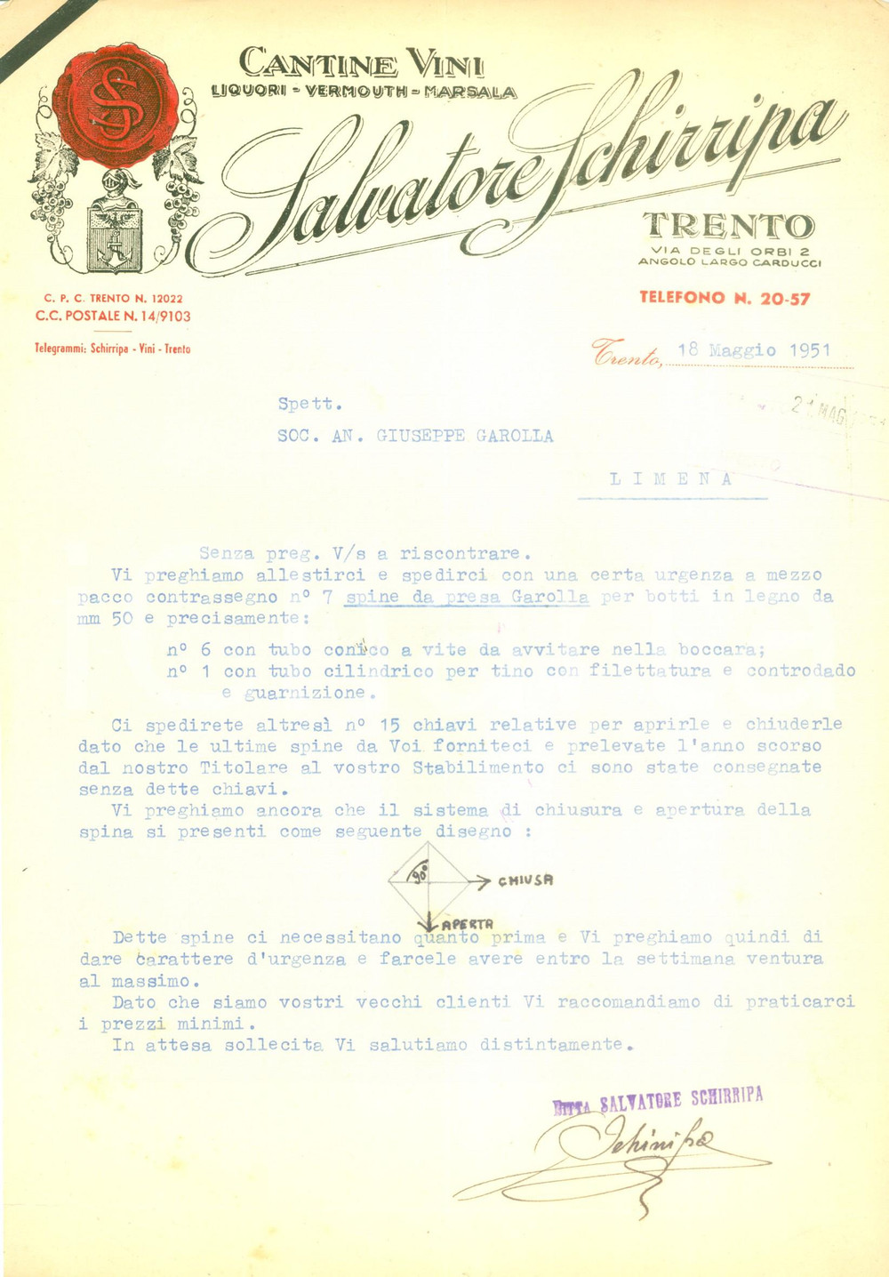 Documento originale, autentico 1951 TRENTO Cantine vini Salvatore SCHIRRIPA Liquori richiede spine per botti 1