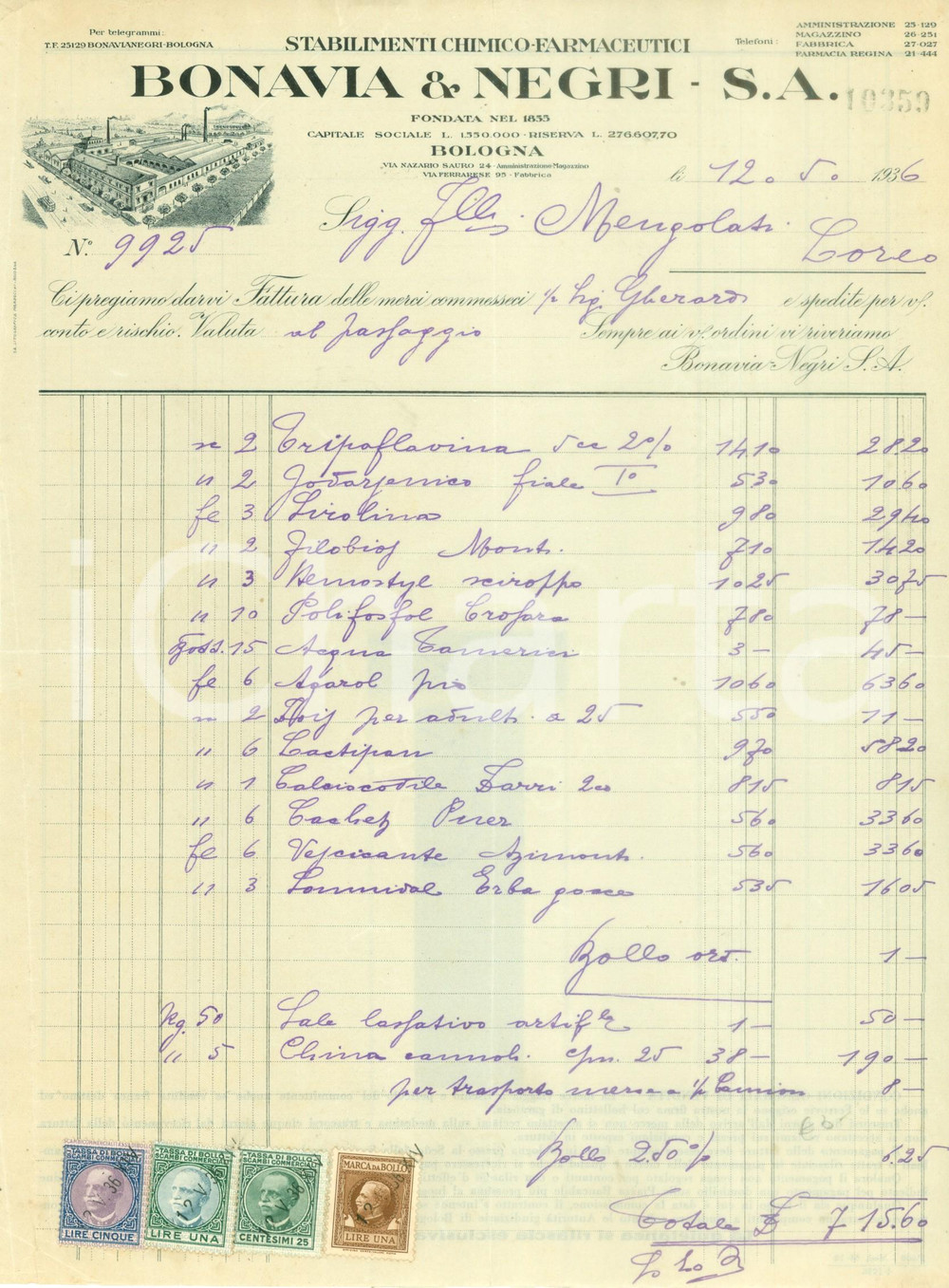 Documento originale, autentico 1936 BOLOGNA Stabilimenti chimicofarmaceutici BONAVIA & NEGRI Fattura 1