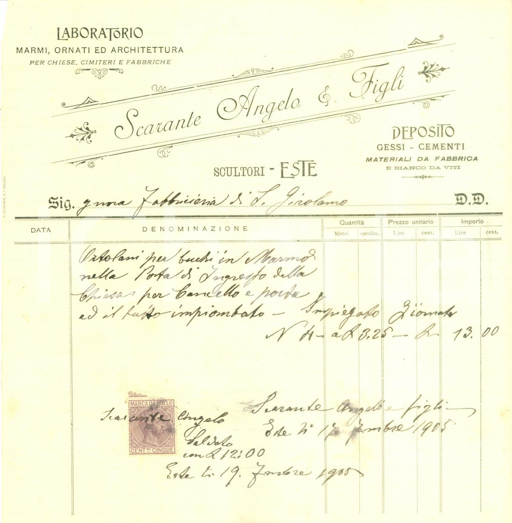 1905 ESTE (PD) Angelo SCARANTE & Figlio Laboratorio marmi ornati *Fattura