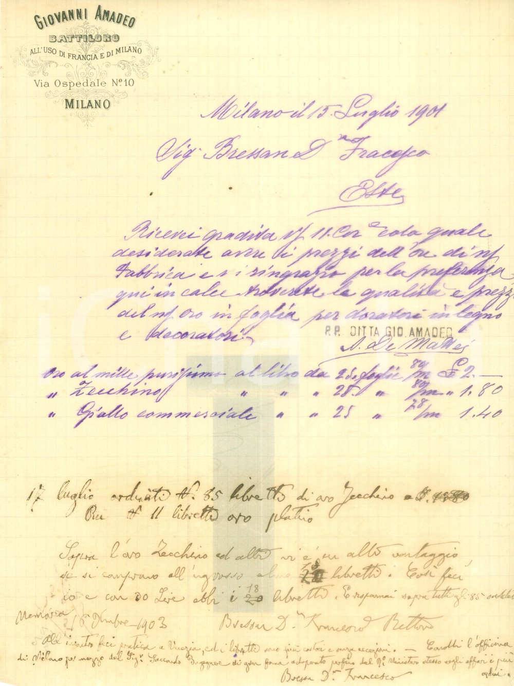 Documento originale, autentico 1901 MILANO Giovanni AMADEO Battiloro all uso di FRANCIA Prezzi dell oro 1