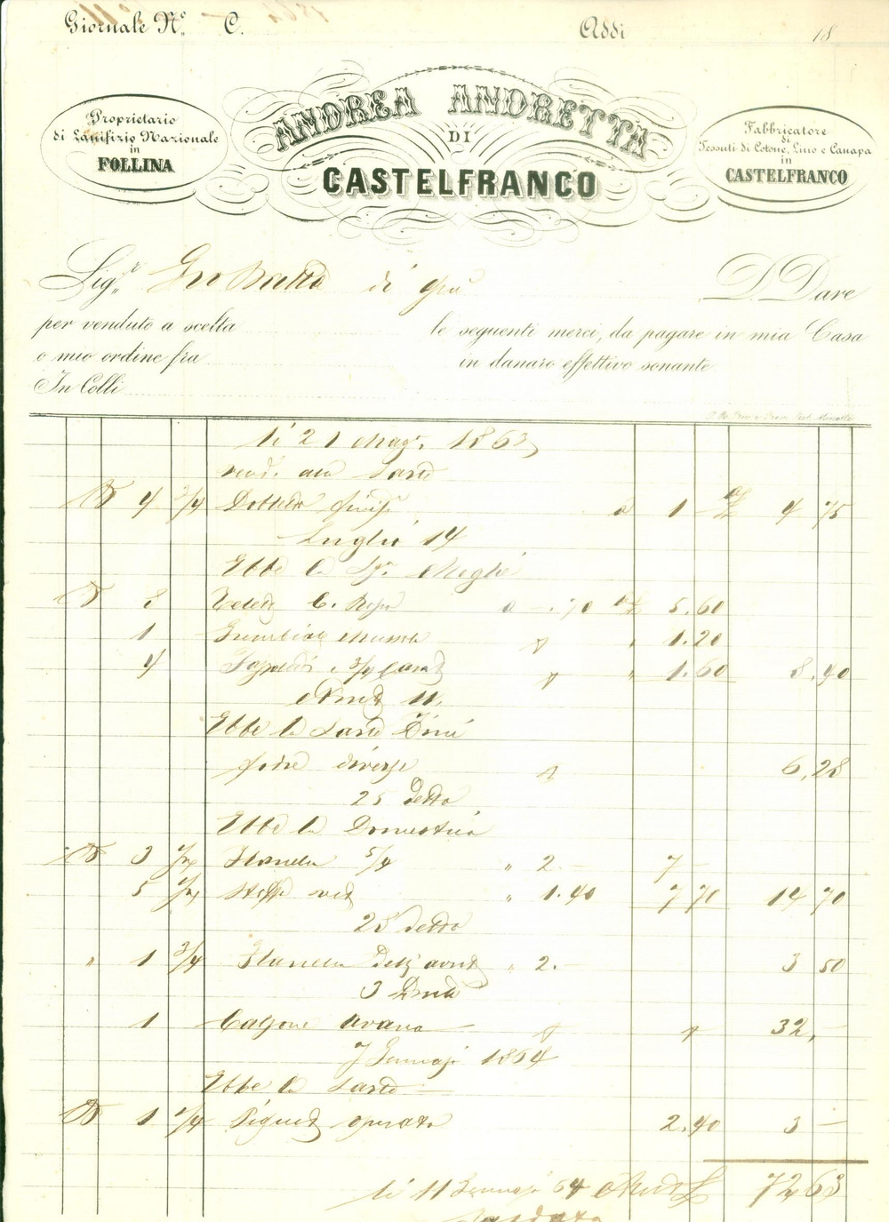 Documento originale, autentico 1862 CASTELFRANCO VENETO TV Andrea ANDRETTA Lanificio tessuti cotone Fattura 1