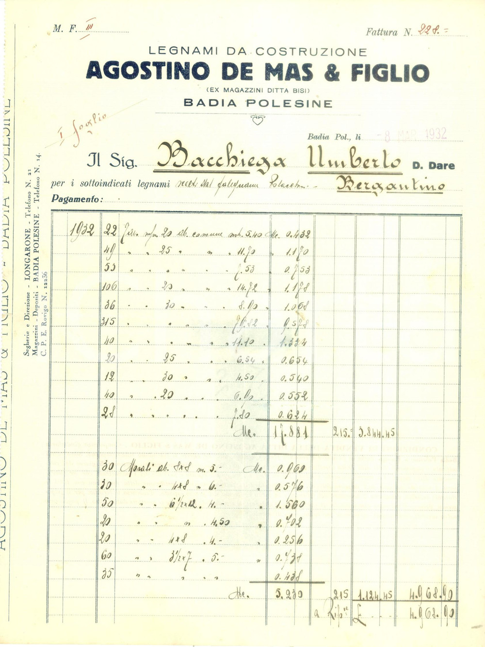 Documento originale, autentico 1932 BADIA POLESINE RO Agostino DE MAS & Figlio Legnami da costruzione Fattura 1