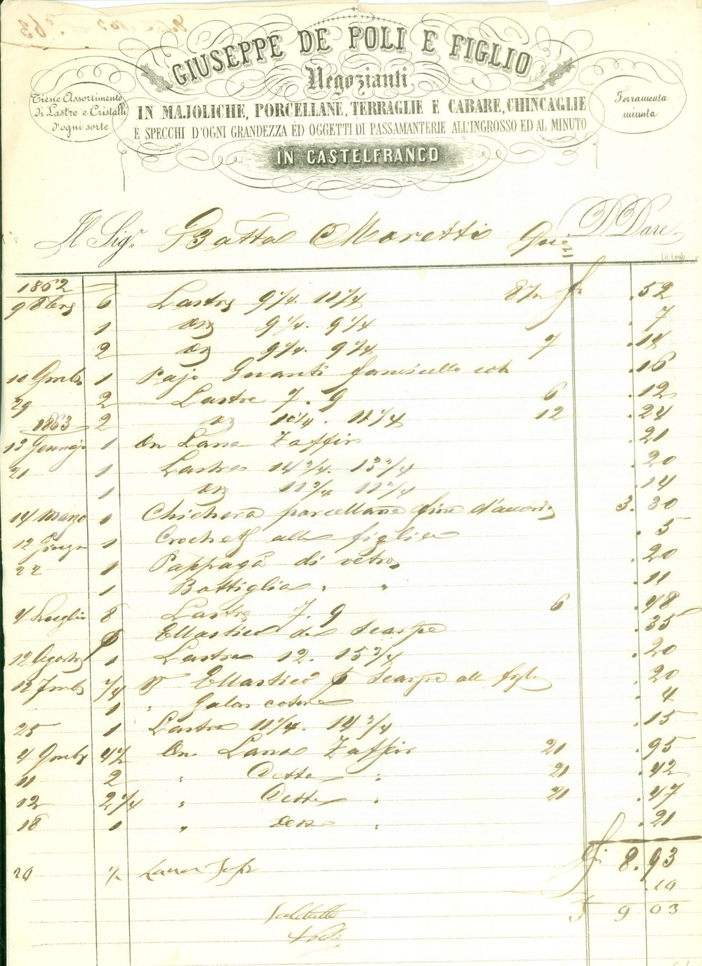 Documento originale, autentico 1862 CASTELFRANCO VENETO TV Giuseppe DE POLI Majoliche Fattura DANNEGGIATA 1