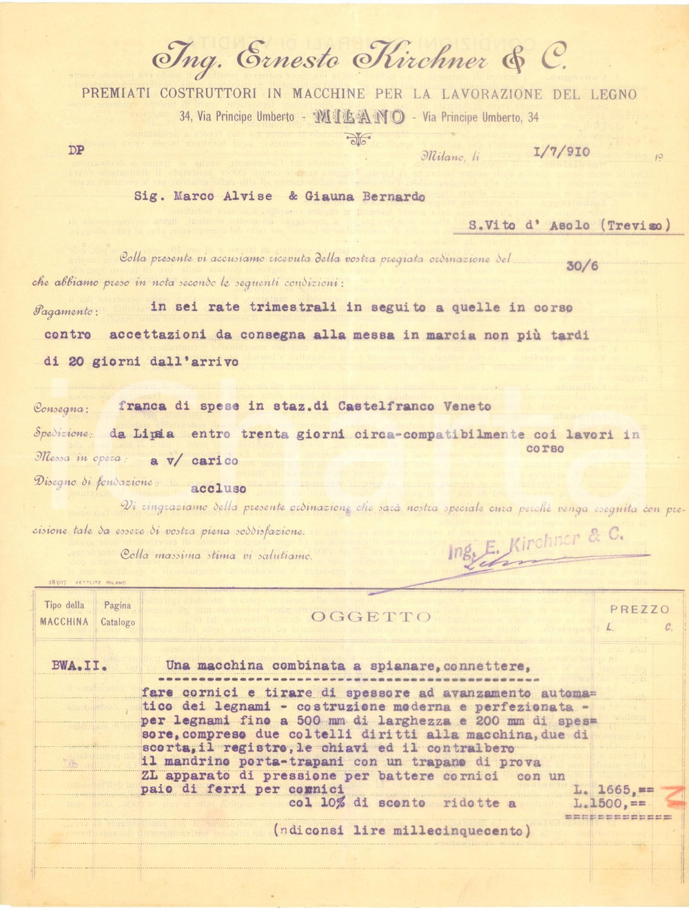 Documento originale, autentico 1910 MILANO Ing. Ernesto KIRCHNER Macchine per lavorazione del legno Fattura 1