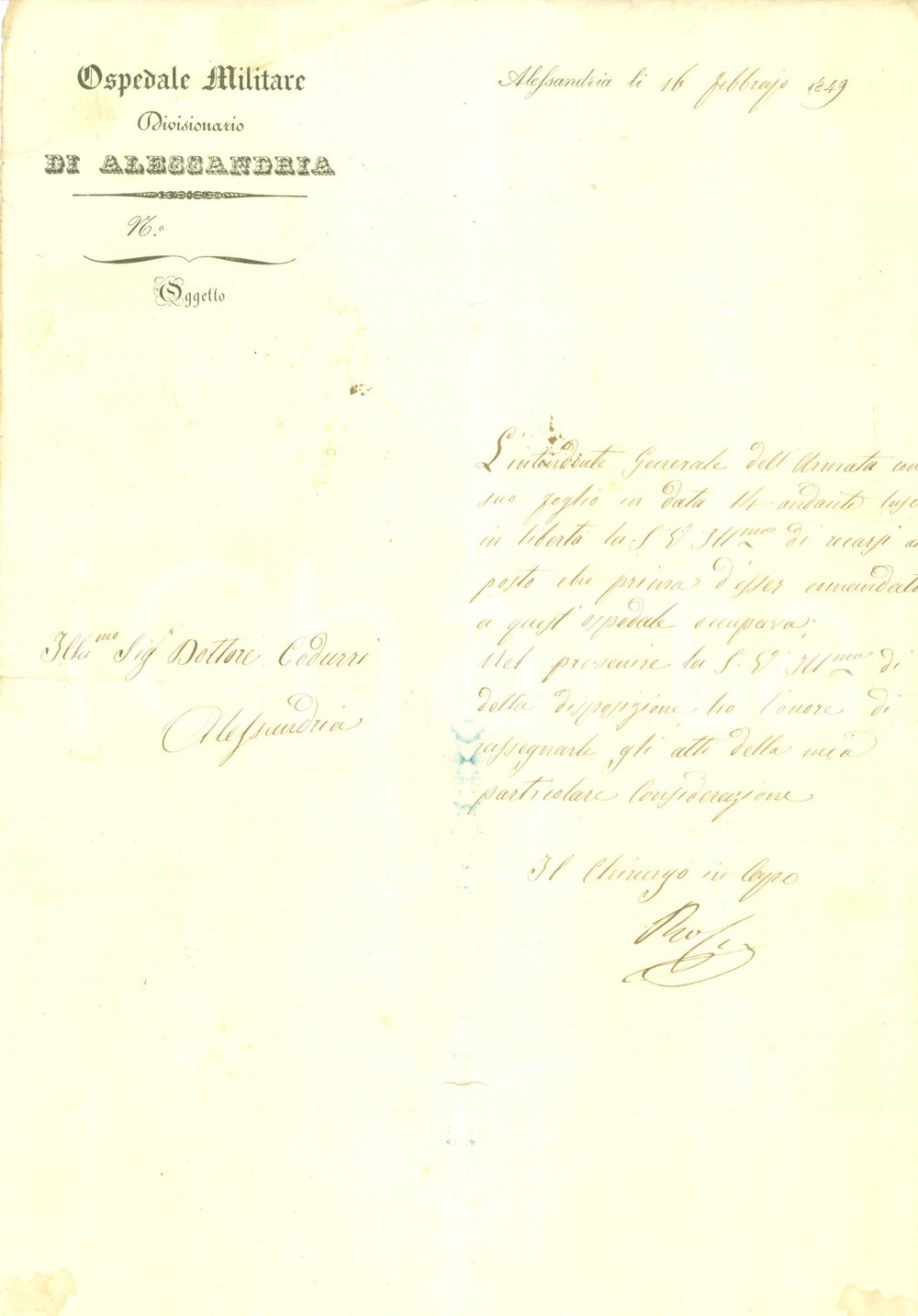 Documento originale, autentico 1849 ALESSANDRIA Medico CODURRI congedato da Ospedale Militare Documento 1