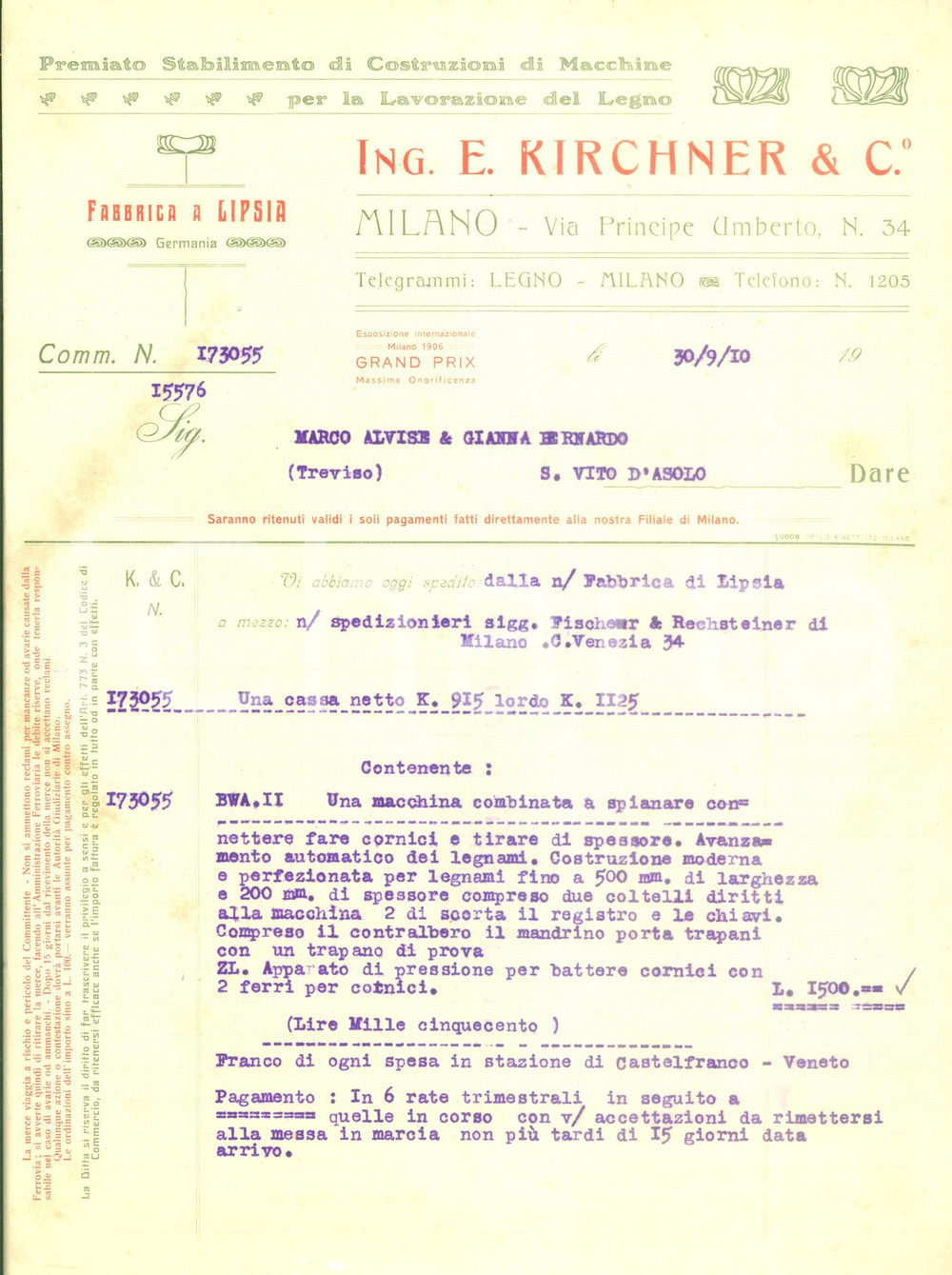 Documento originale, autentico 1910 MILANO Ing. Ernesto KIRCHNER Costruzioni macchine lavorazione del legno 1