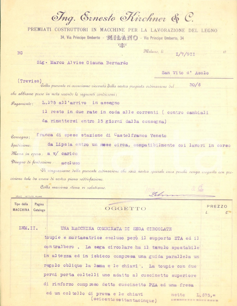 Documento originale, autentico 1911 MILANO Ing. Ernesto KIRCHNER Macchine per lavorazione del legno Fattura 1