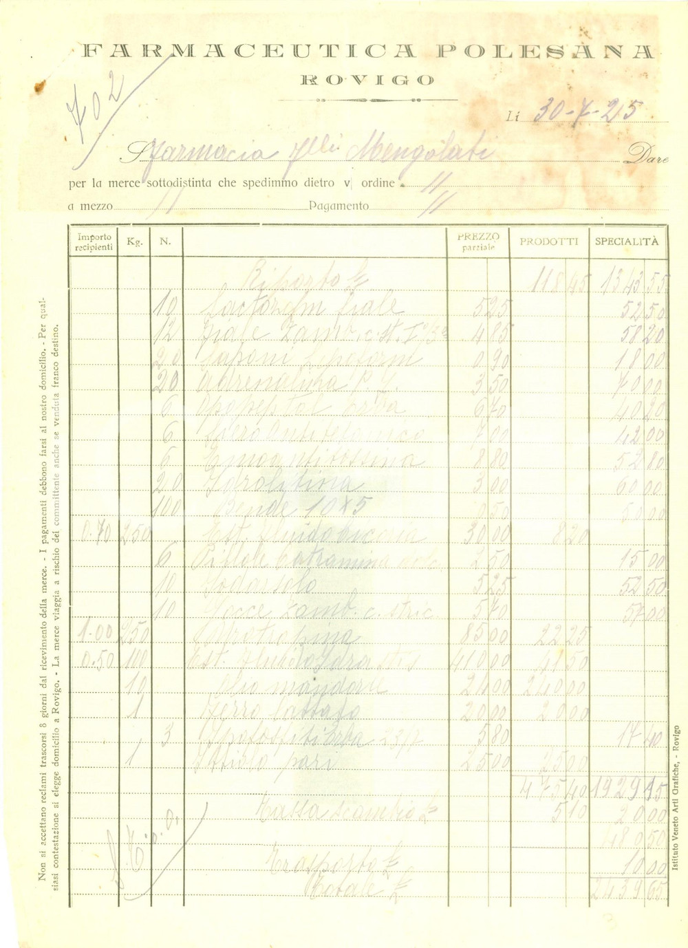 Documento originale, autentico 1925 ROVIGO Farmaceutica Polesana Fattura manoscritta DANNEGGIATA 1