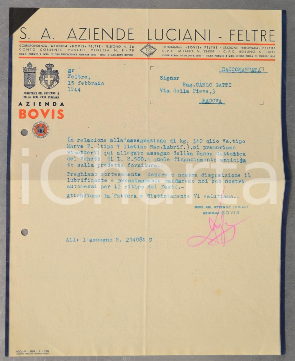 Documento originale, autentico 1944 FELTRE BL Aziende LUCIANI Azienda BOVIS Lettera commerciale 1