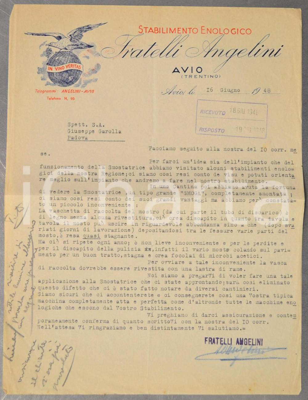 Documento originale, autentico 1948 AVIO TN Stabilimento enologico Fratelli ANGELINI Lettera commerciale 1