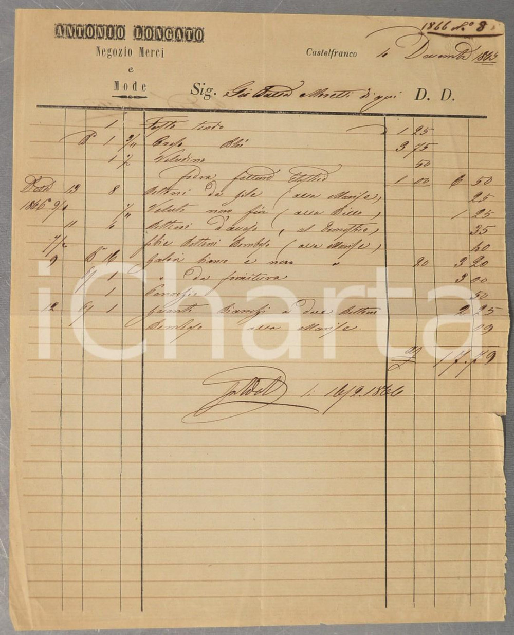 Documento originale, autentico 1865 CASTELFRANCO VENETO TV Antonio LONGATO Negozio merci Fattura 1