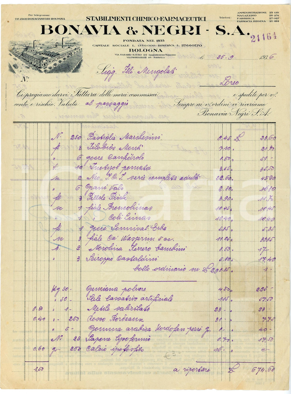 Documento originale, autentico 1936 BOLOGNA Stabilimenti chimico farmaceutici BONAVIA & NEGRI Fattura 1