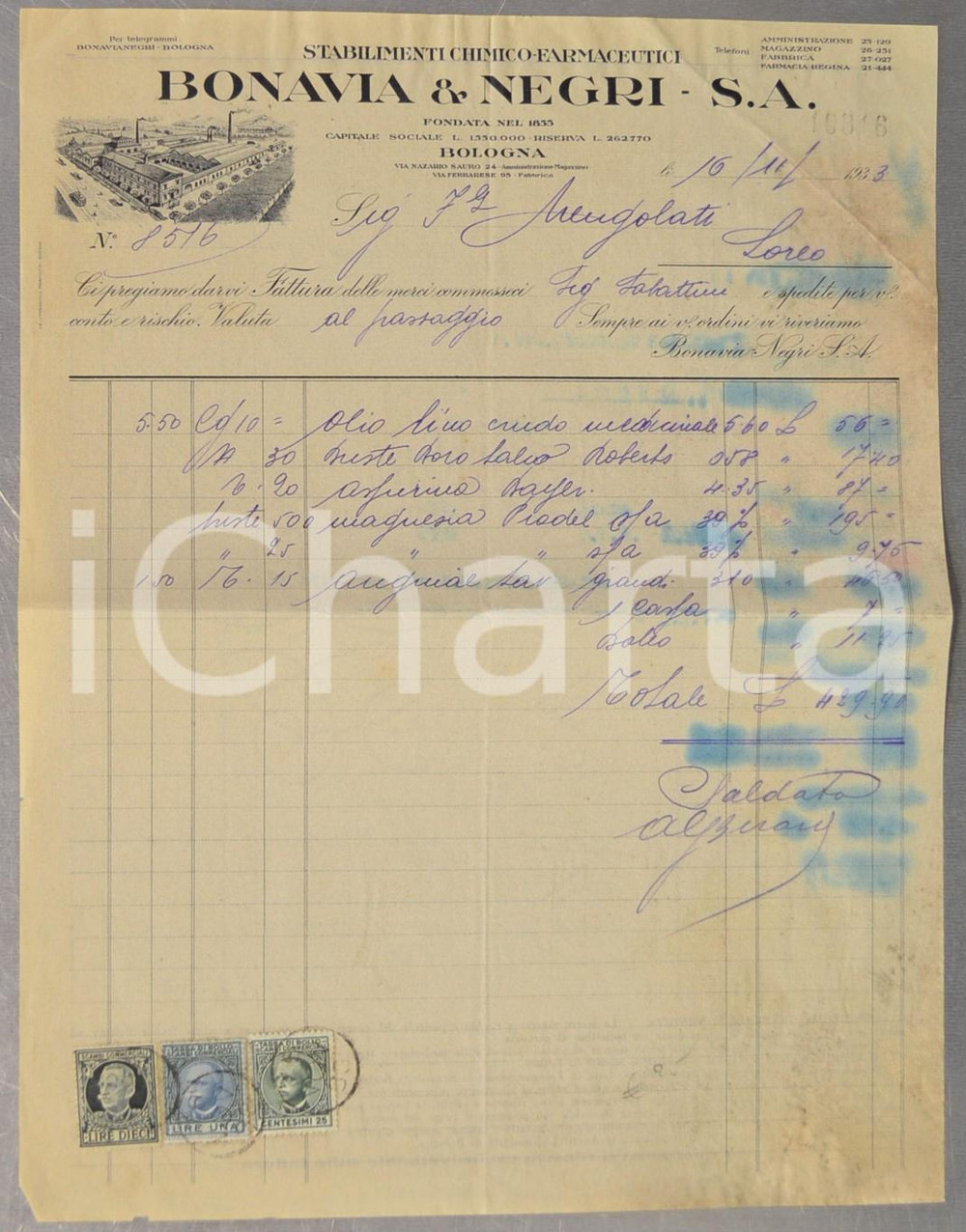Documento originale, autentico 1933 BOLOGNA Stabilimenti chimicofarmaceutici BONAVIA & NEGRI Fattura 1