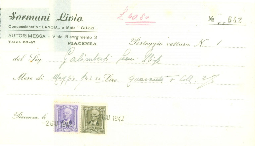 Documento originale, autentico 1942 PIACENZA Concessionaria LANCIA Autorimessa Livio SORMANI Ricevuta 1