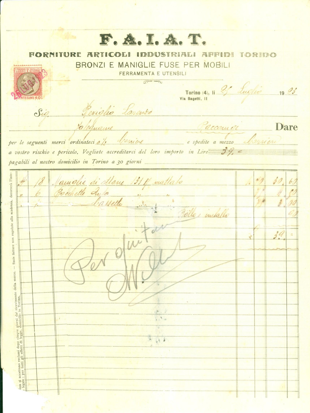 Documento originale, autentico 1923 TORINO Forniture Articoli Industriali Affini Torino F.A.I.A.T. DANNEGGIATA 1