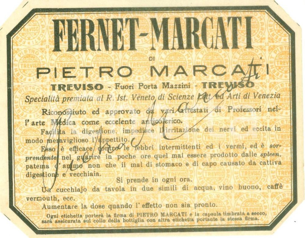 Materiale pubblicitario d’epoca 1930 ca TREVISO FernetMarcati di Pietro MARCATI Etichetta pubblicitaria 1