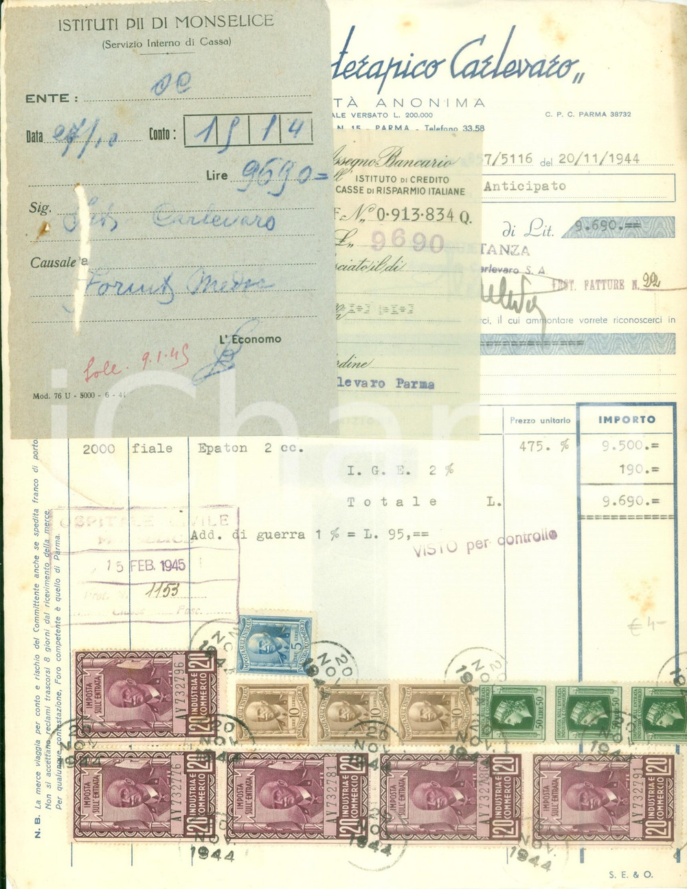 Documento originale, autentico 1944PARMA Istituto Bioterapico CARLEVARO Fattura commerciale 1