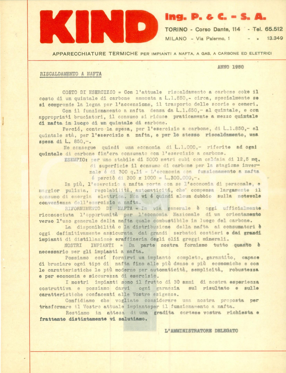 Materiale pubblicitario d’epoca 1950 ca TORINO Apparecchiature termiche KIND Riscaldamento a nafta conviene 1
