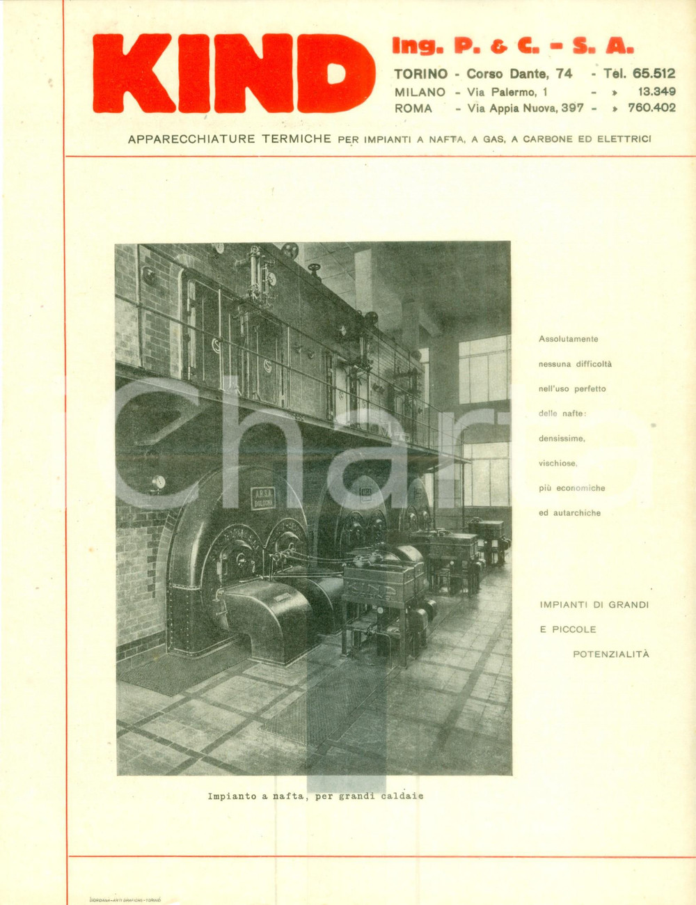 Materiale pubblicitario d’epoca 1950 ca TORINO Apparecchiature termiche per impianti KIND Volantino ILLUSTRATO 1