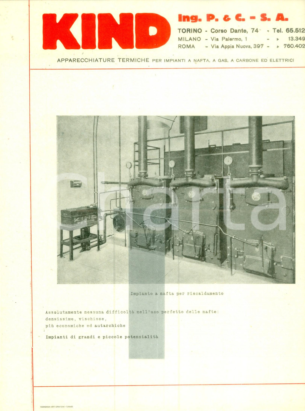 Materiale pubblicitario d’epoca 1950 ca TORINO Apparecchiature termiche KIND Impianti Volantino ILLUSTRATO 1