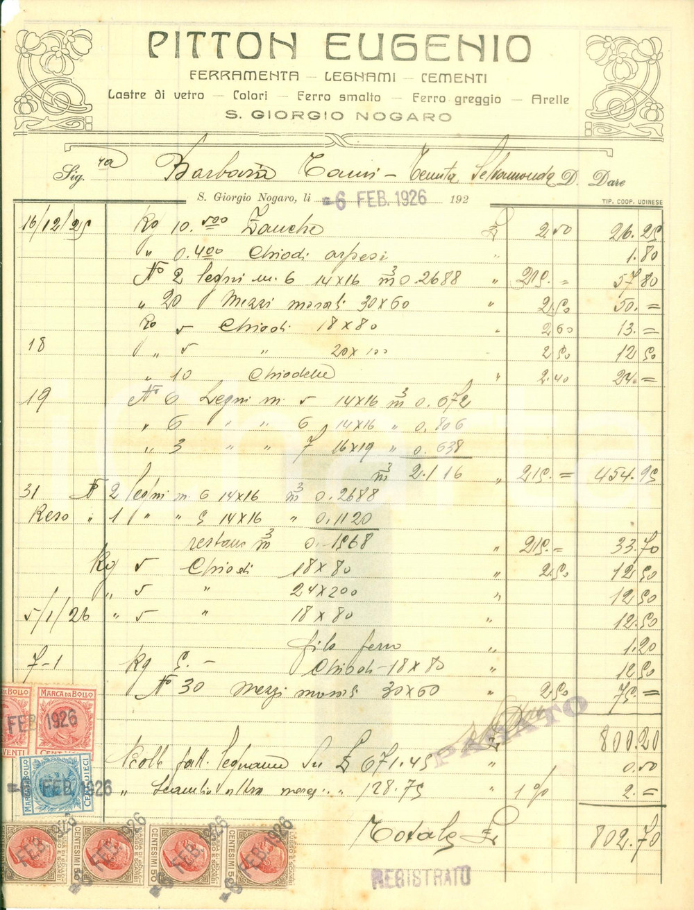 Documento originale, autentico 1926 SAN GIORGIO DI NOGARO UD Eugenio PITTON Ferramenta legnami cementi Fattura 1