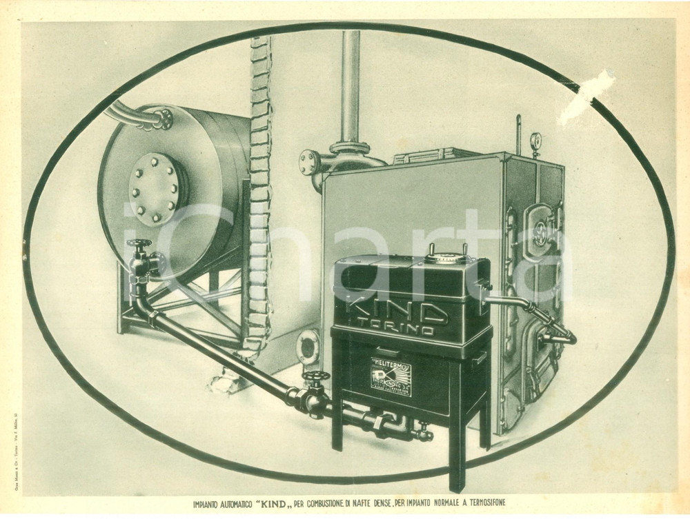 Materiale pubblicitario d’epoca 1950 ca TORINO Impianto automatico KIND MELITERMO per nafte VOLANTINO ILLUSTRATO 1