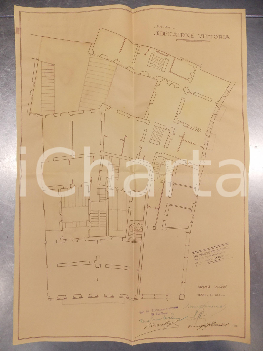 Mappa, planimetria storica 1930 MILANO Ing. DE DOMINICIS Edificatrice VITTORIA Planimetria casa primo piano 1