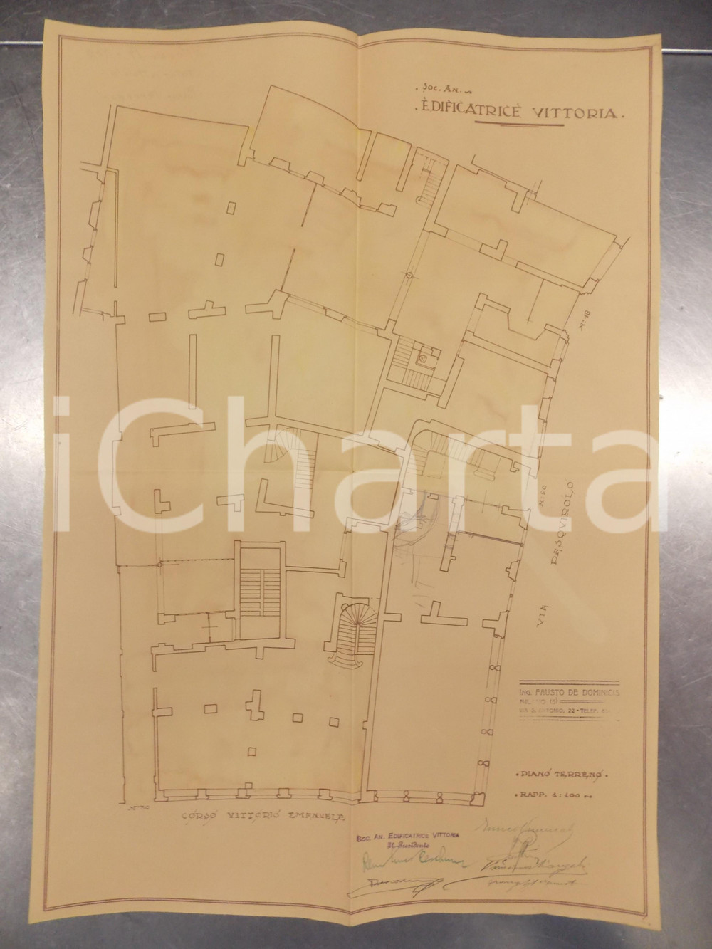 Mappa, planimetria storica 1930 MILANO Ing. DE DOMINICIS Edificatrice VITTORIA Progetto casa Via PASQUIROLO 1