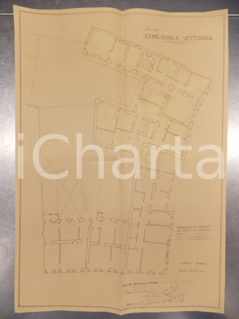Mappa, planimetria storica 1930 MILANO Ing. DE DOMINICIS Edificatrice VITTORIA Planimetria di casa civile 1