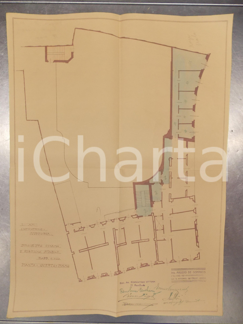 Mappa, planimetria storica 1925 MILANO Ing DE DOMINICIS Edificatrice VITTORIA Quarto piano cinema SAN CARLO 1