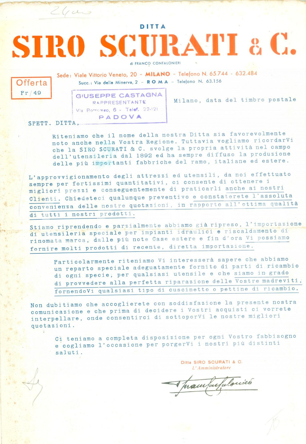 Materiale pubblicitario d’epoca 1950 ca MILANO Ditta Siro SCURATI & C. Attrezza utensileria Lettera commerciale 1