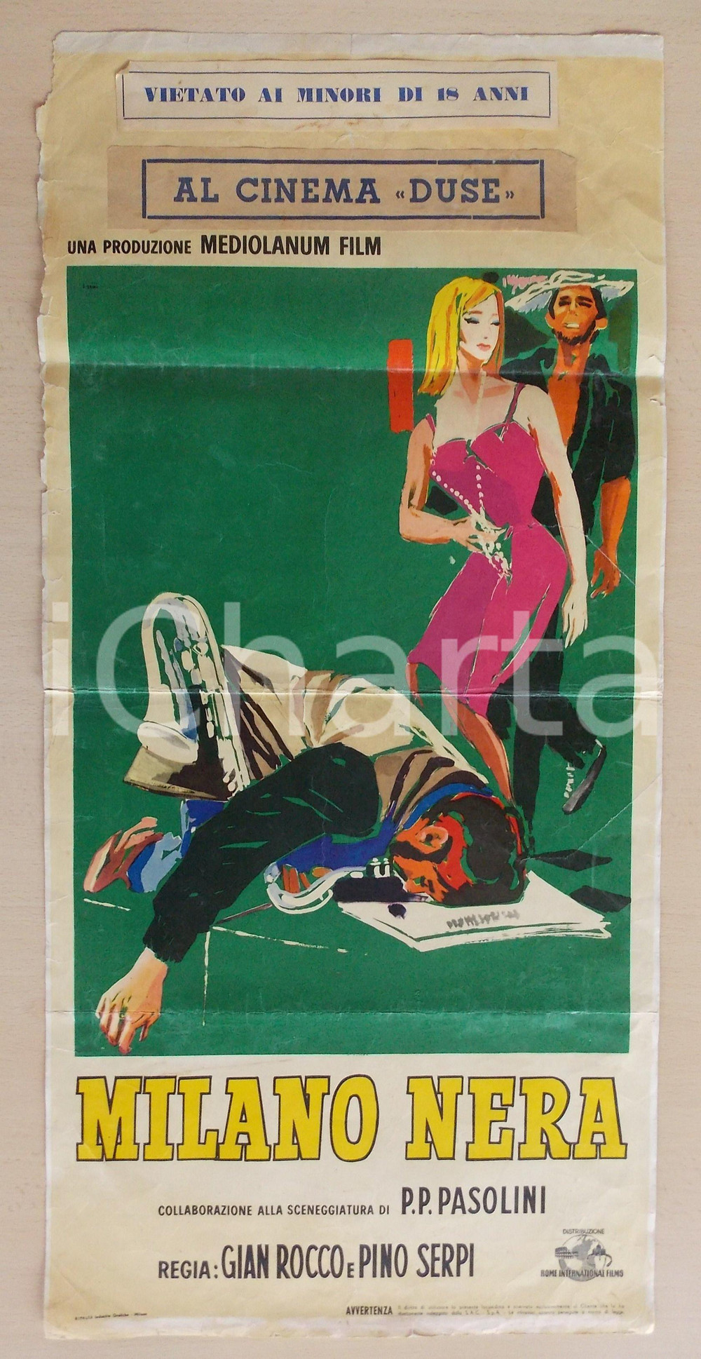 Materiale cinematografico d’epoca 1963 MILANO CINEMA DUSE Milano Nera Pier Paolo PASOLINI Manifesto VIETATO MINORI 1