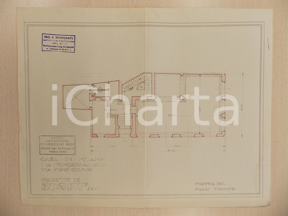 Mappa, planimetria storica 1940 ca MILANO Ferruccio BIGI Rifacimento piano terreno casa Via FIORI CHIARI 1