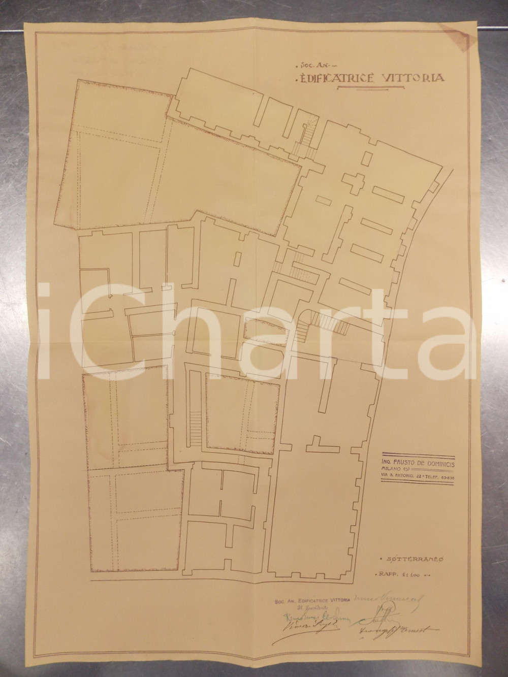 Mappa, planimetria storica 1930 MILANO Ing. DE DOMINICIS Edificatrice VITTORIA Planimetria casa sotterraneo 1