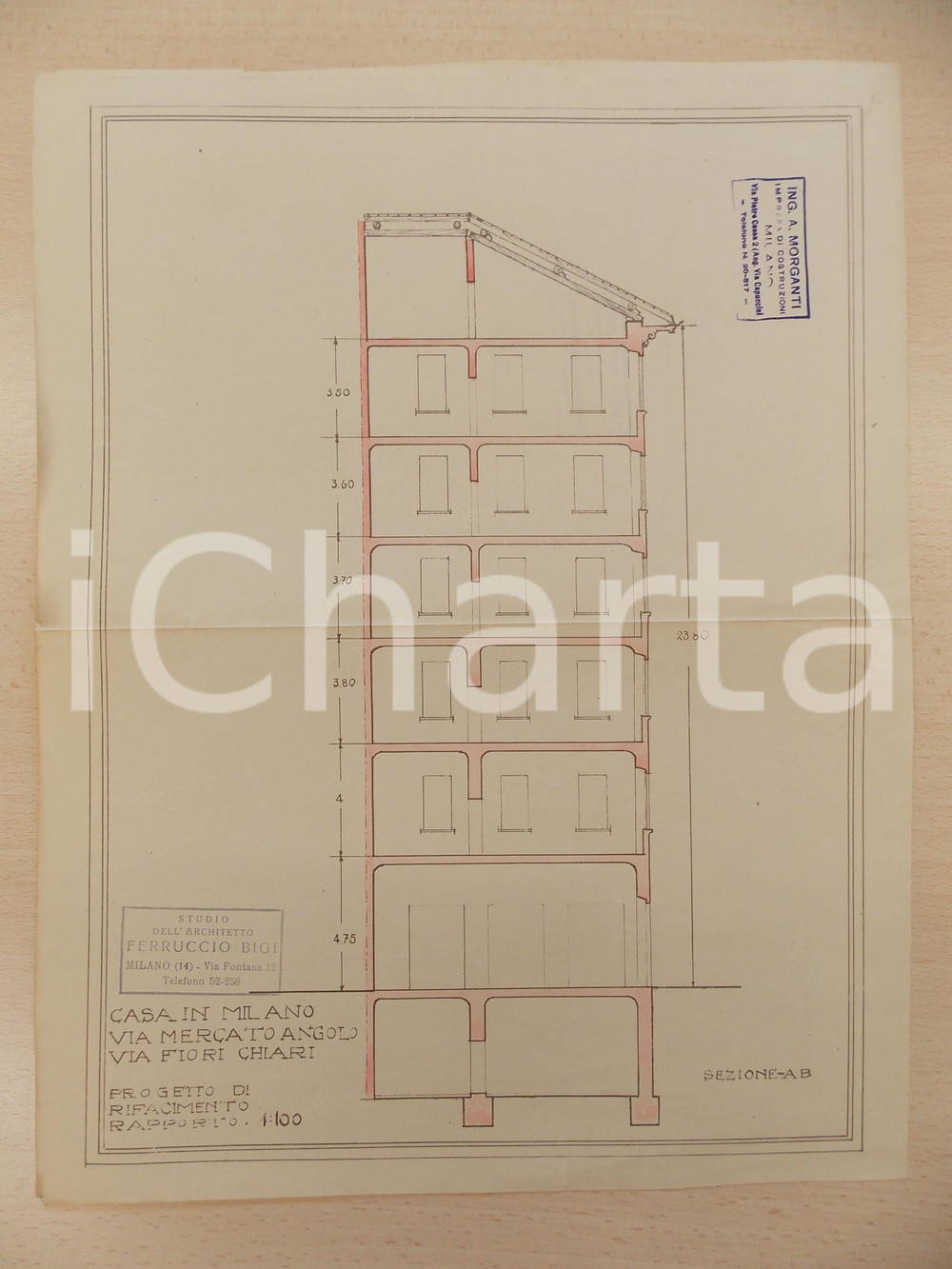Mappa, planimetria storica 1940 ca MILANO Arch Ferruccio BIGI Progetto sezione casa civile Via FIORI CHIARI 1