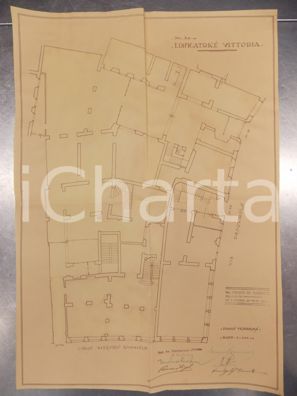 Mappa, planimetria storica 1930 MILANO DE DOMINICIS Edificatrice VITTORIA Planimetria casa piano terreno 1
