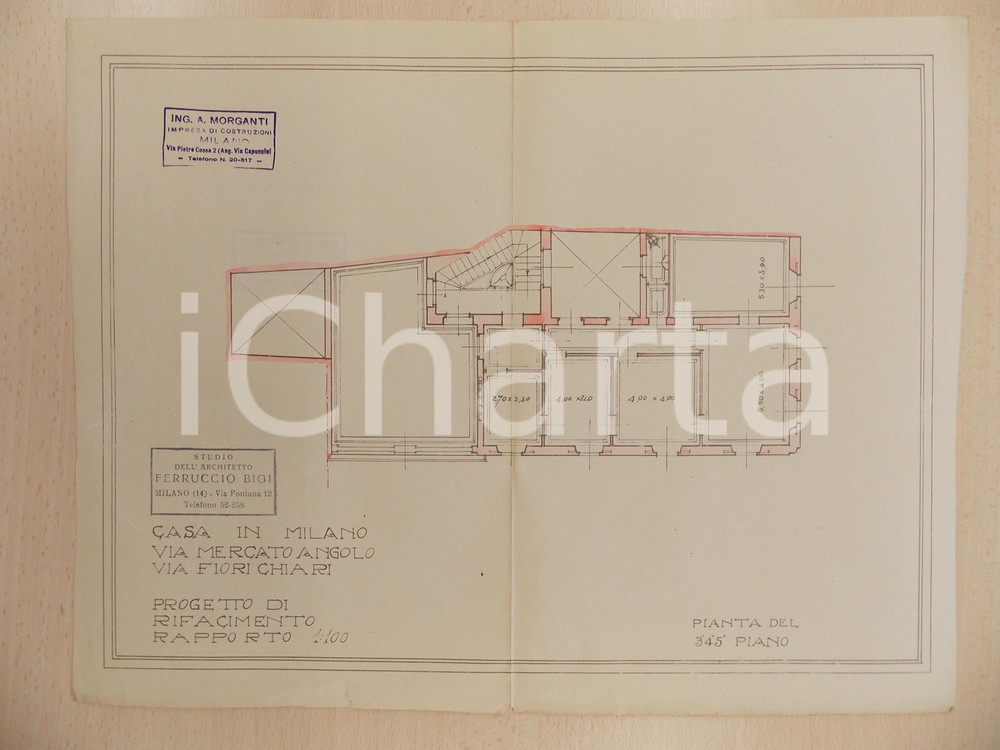 Mappa, planimetria storica 1940 ca MILANO Arch Ferruccio BIGI Progetto rifacimento casa in Via FIORI CHIARI 1
