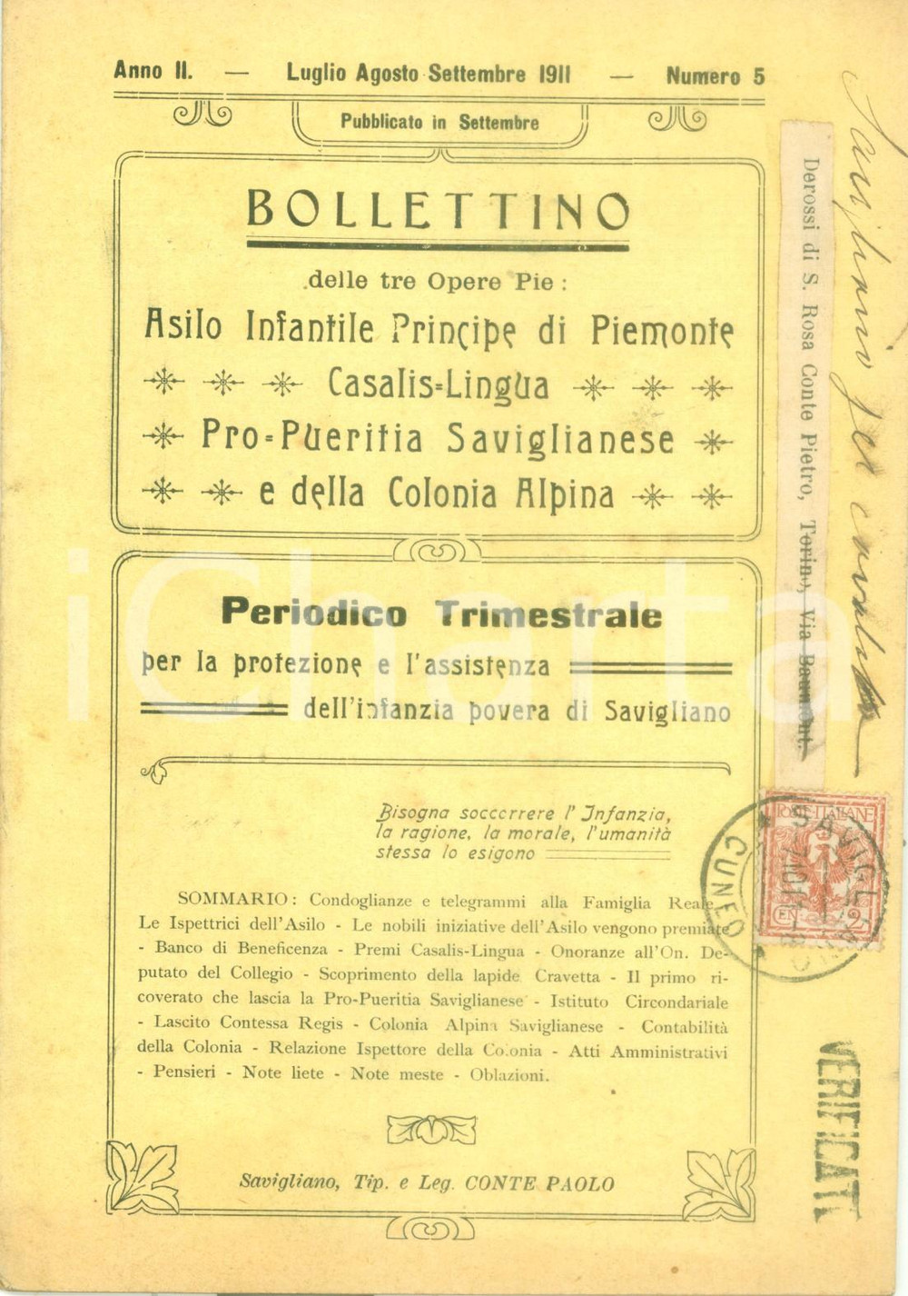Libro, pubblicazione d epoca 1911 SAVIGLIANO Bollettino tre Opere Pie Asilo CasalisLingua Pro Pueritia 1