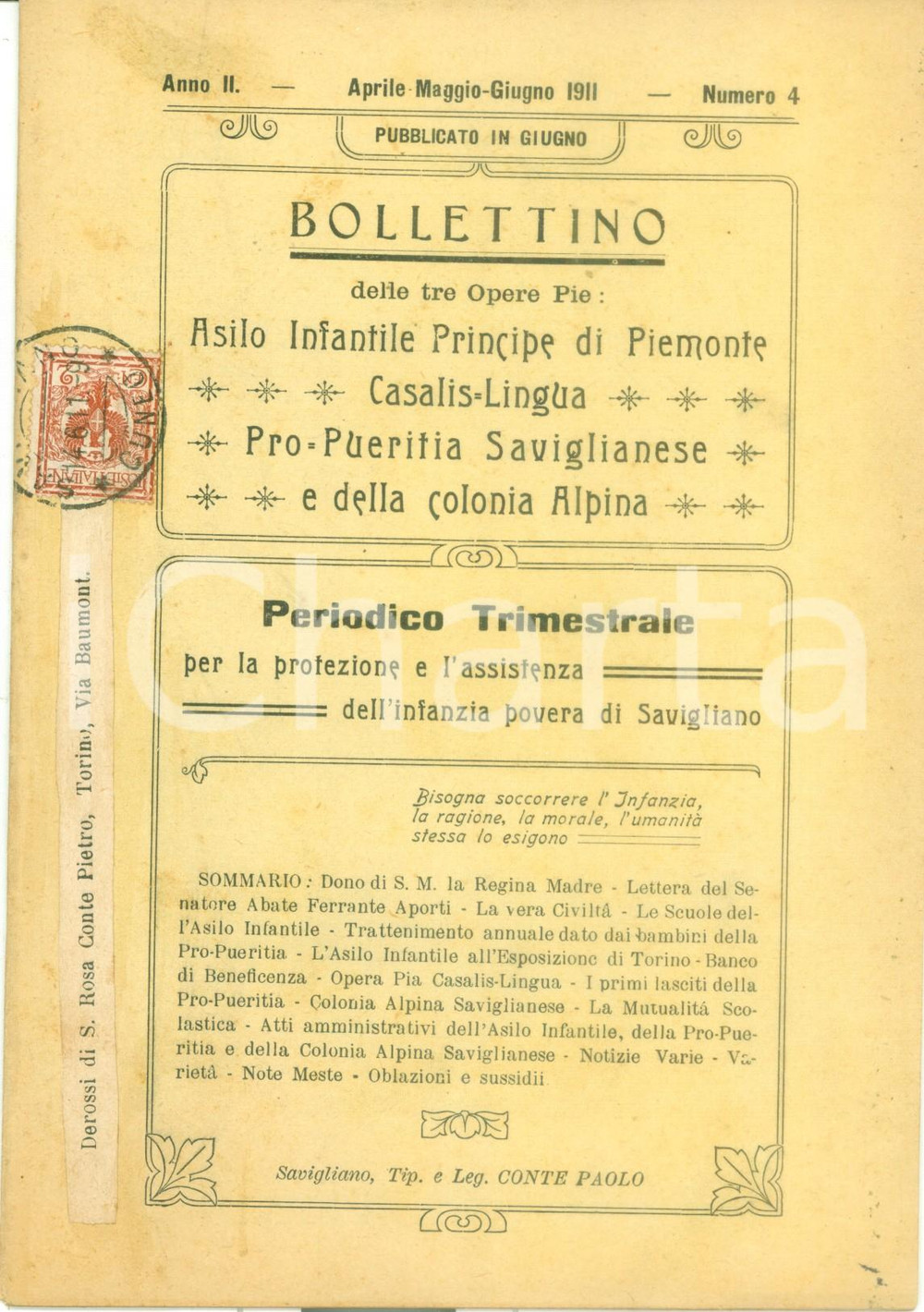 Libro, pubblicazione d epoca 1911 SAVIGLIANO Bollettino Opere Pie Asilo  Pro Pueritia  CasalisLingua 1